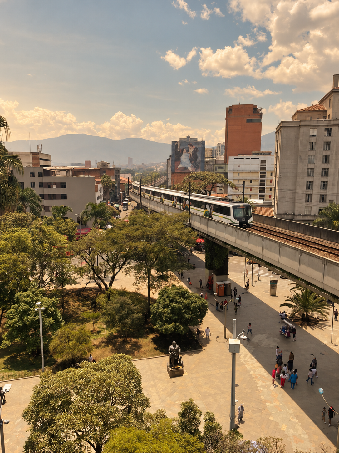 Ciudad con metro elevado y zonas verdes